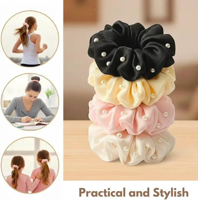 Alt view image 7 of 7 - Vivedge|Satin Scrunchies for Woman| Korean Valentines Scrunchies Satin Hair ties with pearl soft fabric Anti-static Silky Scrunchies Satin Hair Ties Protect hair|For all Hair Types (Golden Marigold)