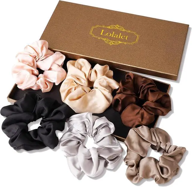 Main image of Lolalet Scrunchies for Women, Satin Hair Softer Than Silk Ties Sleep, Big Scrunchy Ponytail Holder with Elastic Bands Girls Thick Thin Curly -6 Pack, Style A