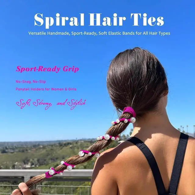 Alt view image 2 of 5 - Cute Pearl Hair Ties for Women 16" Hand Braided Sport Ponytail Holders Long Pony Tail Wrap for Workouts, Daily Use, Beach,Swim,Surf,Diving Tangle Free Hair Accessories for Thick Curly Hair(Hot Pink)