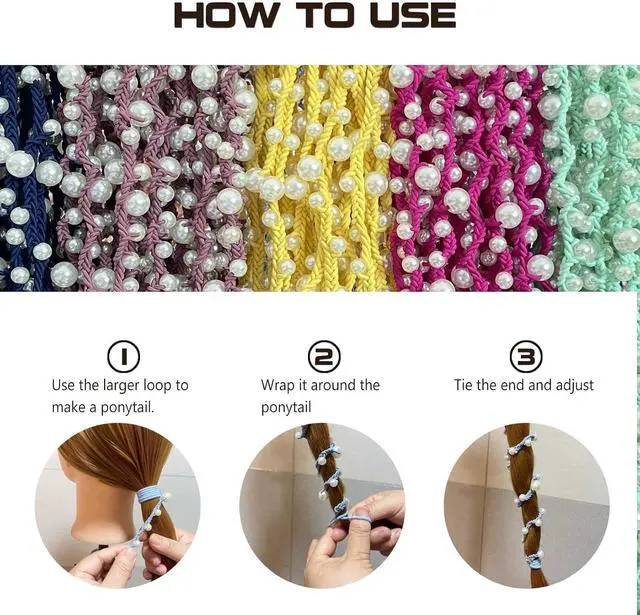 Alt view image 5 of 5 - Cute Pearl Hair Ties for Women 16" Hand Braided Sport Ponytail Holders Long Pony Tail Wrap for Workouts, Daily Use, Beach,Swim,Surf,Diving Tangle Free Hair Accessories for Thick Curly Hair(Hot Pink)