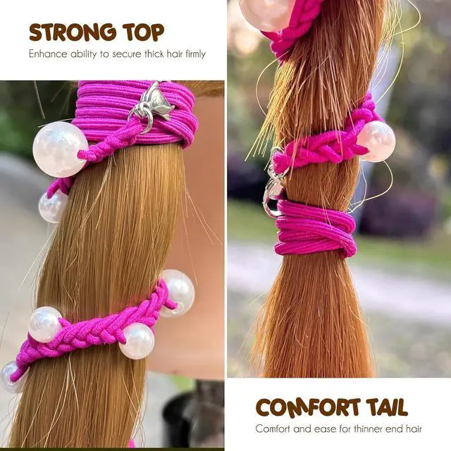 Alt view image 3 of 5 - Cute Pearl Hair Ties for Women 16" Hand Braided Sport Ponytail Holders Long Pony Tail Wrap for Workouts, Daily Use, Beach,Swim,Surf,Diving Tangle Free Hair Accessories for Thick Curly Hair(Hot Pink)