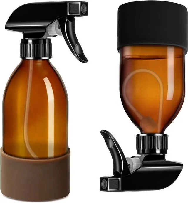 Main image of Tecohouse 360° 8 oz Amber Glass Spray Bottles with Silicone Sleeve 2 Pack | 360° All-Angle Spray, Nonslip Silicone Protective Covers, for Cleaning Solutions, Plants, Hair Care (Black & Brown)