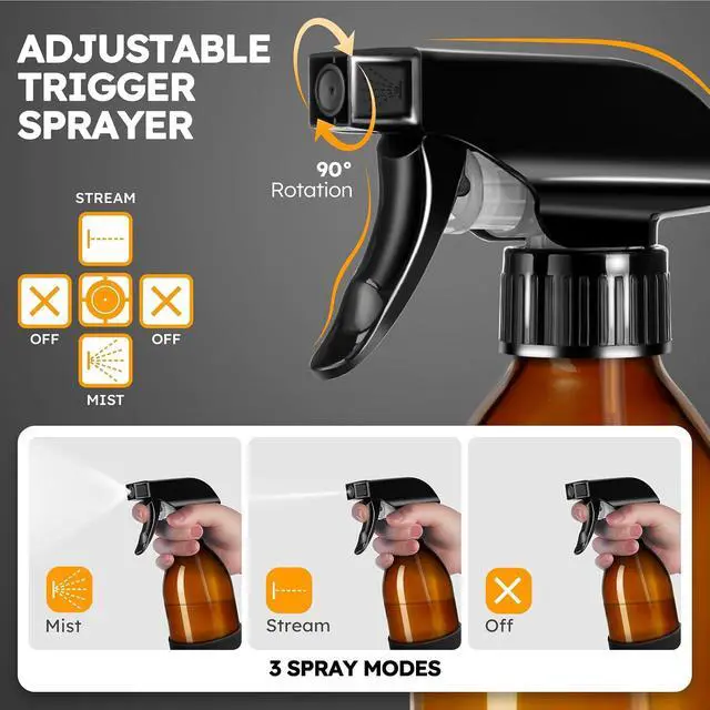 Alt view image 3 of 7 - Tecohouse 360° 8 oz Amber Glass Spray Bottles with Silicone Sleeve 2 Pack | 360° All-Angle Spray, Nonslip Silicone Protective Covers, for Cleaning Solutions, Plants, Hair Care (Black & Brown)