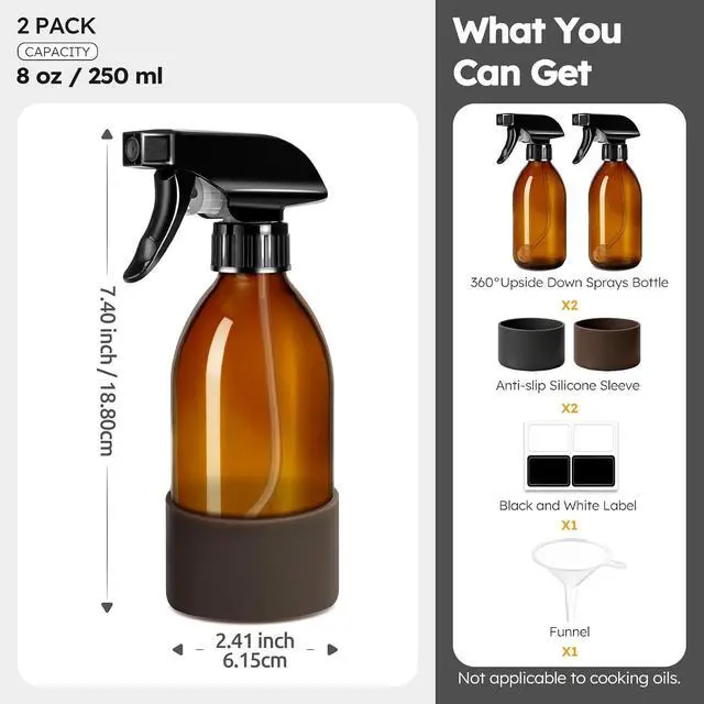 Alt view image 5 of 7 - Tecohouse 360° 8 oz Amber Glass Spray Bottles with Silicone Sleeve 2 Pack | 360° All-Angle Spray, Nonslip Silicone Protective Covers, for Cleaning Solutions, Plants, Hair Care (Black & Brown)