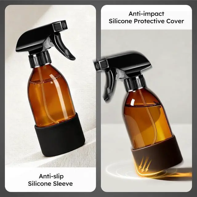 Alt view image 6 of 7 - Tecohouse 360° 8 oz Amber Glass Spray Bottles with Silicone Sleeve 2 Pack | 360° All-Angle Spray, Nonslip Silicone Protective Covers, for Cleaning Solutions, Plants, Hair Care (Black & Brown)