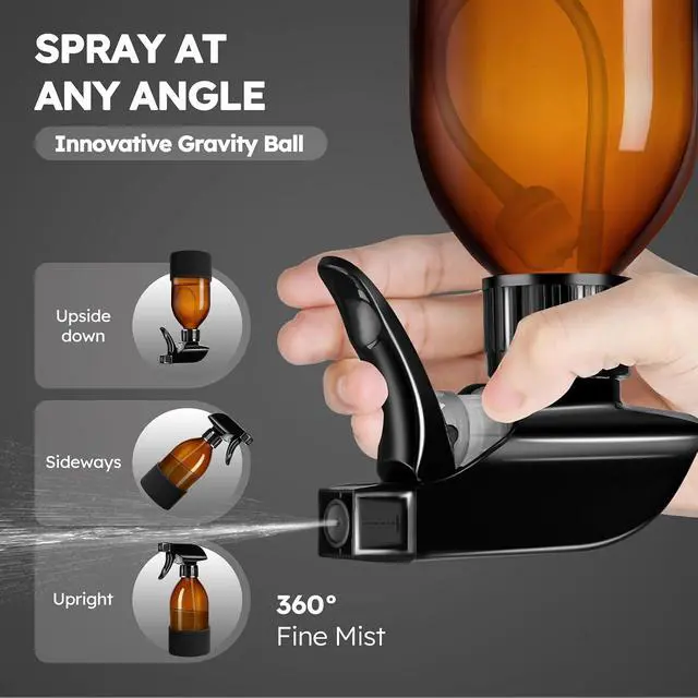 Alt view image 2 of 7 - Tecohouse 360° 8 oz Amber Glass Spray Bottles with Silicone Sleeve 2 Pack | 360° All-Angle Spray, Nonslip Silicone Protective Covers, for Cleaning Solutions, Plants, Hair Care (Black & Brown)