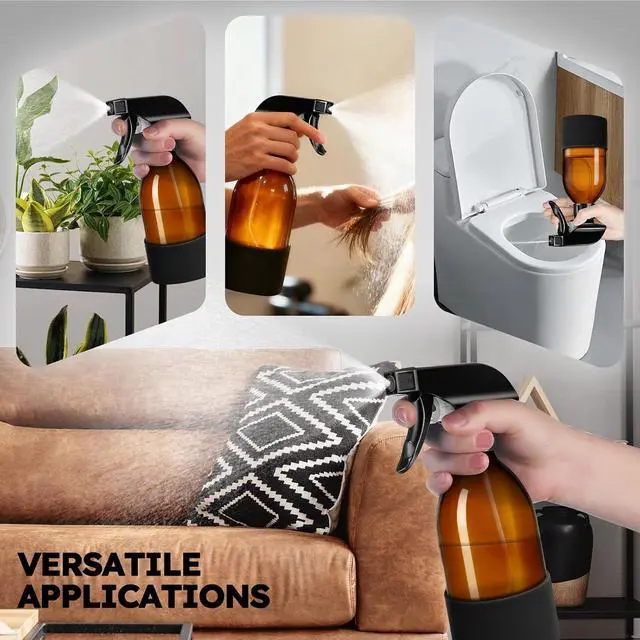 Alt view image 7 of 7 - Tecohouse 360° 8 oz Amber Glass Spray Bottles with Silicone Sleeve 2 Pack | 360° All-Angle Spray, Nonslip Silicone Protective Covers, for Cleaning Solutions, Plants, Hair Care (Black & Brown)