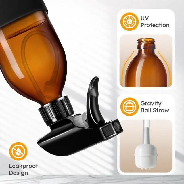 Alt view image 4 of 7 - Tecohouse 360° 8 oz Amber Glass Spray Bottles with Silicone Sleeve 2 Pack | 360° All-Angle Spray, Nonslip Silicone Protective Covers, for Cleaning Solutions, Plants, Hair Care (Black & Brown)