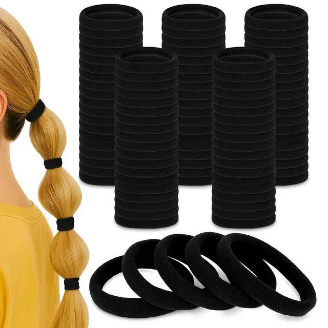 Main image of 100 Pcs Soft Black Hair Ties Bulk, Soft and Durable, Cotton Material | 1.9" Seamless Cotton Ponytail Holders; Air Permeability & Gentle to Wear; Elasticity & Strength; Reliable & Strong Hold