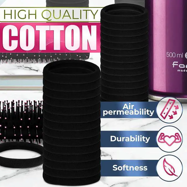 Alt view image 3 of 7 - 100 Pcs Soft Black Hair Ties Bulk, Soft and Durable, Cotton Material | 1.9" Seamless Cotton Ponytail Holders; Air Permeability & Gentle to Wear; Elasticity & Strength; Reliable & Strong Hold