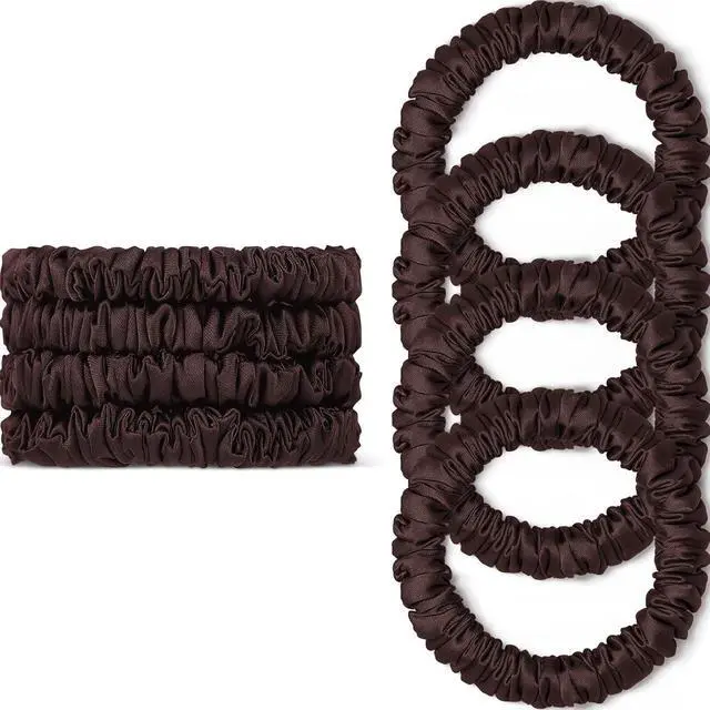 Main image of Scrunchies Hair Ties Silk Satin Scrunchy, WantGor Women 4PC Hair Bands | Pure Mulberry Silk Skinny Elastic Scrunchies Bracelets Ponytail Holders Hair Accessories (Brown*4)