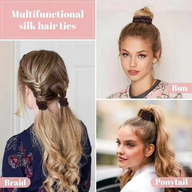 Alt view image 3 of 7 - Scrunchies Hair Ties Silk Satin Scrunchy, WantGor Women 4PC Hair Bands | Pure Mulberry Silk Skinny Elastic Scrunchies Bracelets Ponytail Holders Hair Accessories (Brown*4)