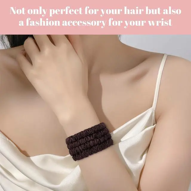 Alt view image 6 of 7 - Scrunchies Hair Ties Silk Satin Scrunchy, WantGor Women 4PC Hair Bands | Pure Mulberry Silk Skinny Elastic Scrunchies Bracelets Ponytail Holders Hair Accessories (Brown*4)
