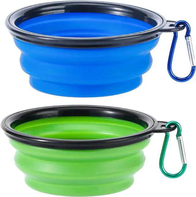 Main image of Collapsible Dog Bowls, 2 Pack Travel Dog Bowls, Portable Pet Feeding Water Dish for Pet Walking Parking Traveling with 2 Carabiners (Small, Blue+Green)