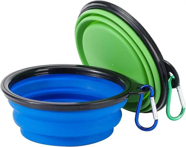 Alt view image 2 of 6 - Collapsible Dog Bowls, 2 Pack Travel Dog Bowls, Portable Pet Feeding Water Dish for Pet Walking Parking Traveling with 2 Carabiners (Small, Blue+Green)