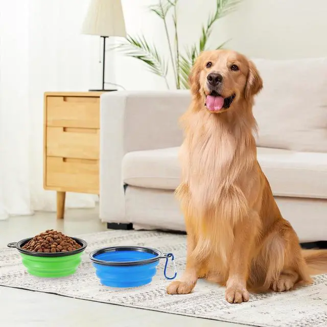 Alt view image 5 of 6 - Collapsible Dog Bowls, 2 Pack Travel Dog Bowls, Portable Pet Feeding Water Dish for Pet Walking Parking Traveling with 2 Carabiners (Small, Blue+Green)