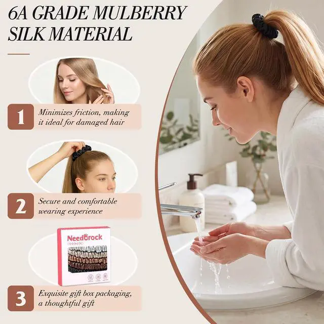 Alt view image 3 of 7 - Needbrock Mulberry Silk Hair Ties, Thin Scrunchies for Women Girls | Sleep Hair Ties, Soft Mulberry Silk, No-Crease Hold, Slim for Ponytails or Buns, Comfy for Daily Wear, Work