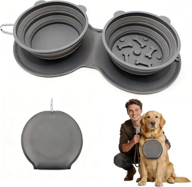 Main image of 2-in-1 Collapsible Dog Bowl for Travel, Portable Dog Water Bowl with Carabiner Clip, Foldable Silicone Food Dish for Pets Outdoor Hiking Camping Walks (Gray)