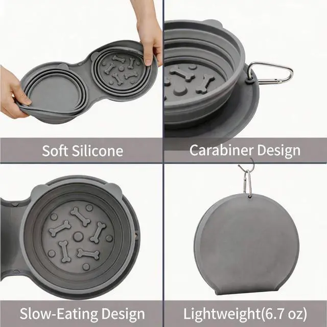 Alt view image 5 of 7 - 2-in-1 Collapsible Dog Bowl for Travel, Portable Dog Water Bowl with Carabiner Clip, Foldable Silicone Food Dish for Pets Outdoor Hiking Camping Walks (Gray)