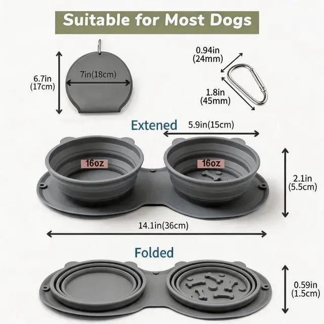 Alt view image 4 of 7 - 2-in-1 Collapsible Dog Bowl for Travel, Portable Dog Water Bowl with Carabiner Clip, Foldable Silicone Food Dish for Pets Outdoor Hiking Camping Walks (Gray)