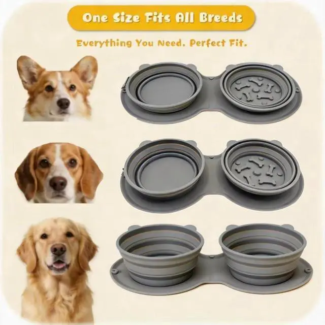 Alt view image 3 of 7 - 2-in-1 Collapsible Dog Bowl for Travel, Portable Dog Water Bowl with Carabiner Clip, Foldable Silicone Food Dish for Pets Outdoor Hiking Camping Walks (Gray)