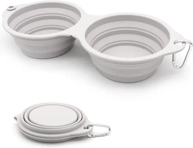 Main image of SLSON Collapsible Dog Bowls,Integrated Molding Dog Double Bowl No Plastic Rim 2 in 1 Foldable Pet Food & Water Bowl Cat Feeder Dish for Walking,Hiking,Camping (Cold Grey)