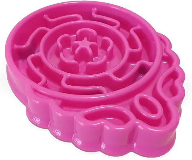 Main image of 4 Cup Slow Feeder Dog Bowl for Fast Eaters Pink | Puzzle maze channels, rigid PP construction, and 4 silicone pads support dry or wet food on smooth floors.