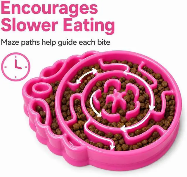 Alt view image 3 of 7 - 4 Cup Slow Feeder Dog Bowl for Fast Eaters Pink | Puzzle maze channels, rigid PP construction, and 4 silicone pads support dry or wet food on smooth floors.