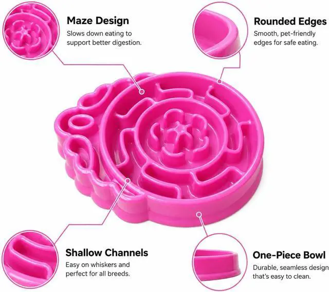 Alt view image 5 of 7 - 4 Cup Slow Feeder Dog Bowl for Fast Eaters Pink | Puzzle maze channels, rigid PP construction, and 4 silicone pads support dry or wet food on smooth floors.