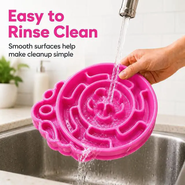 Alt view image 6 of 7 - 4 Cup Slow Feeder Dog Bowl for Fast Eaters Pink | Puzzle maze channels, rigid PP construction, and 4 silicone pads support dry or wet food on smooth floors.