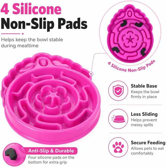 Alt view image 7 of 7 - 4 Cup Slow Feeder Dog Bowl for Fast Eaters Pink | Puzzle maze channels, rigid PP construction, and 4 silicone pads support dry or wet food on smooth floors.