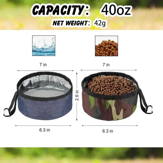 Alt view image 4 of 7 - Meanplan 2 Pack Portable Travel Dog Bowl,Camo Green, Dark Blue,40 Oz | Collapsible Travel Dog Dish for Hiking, Waterproof Liner, Includes 2 Carabiner Clips, Fits Small to Large Pets