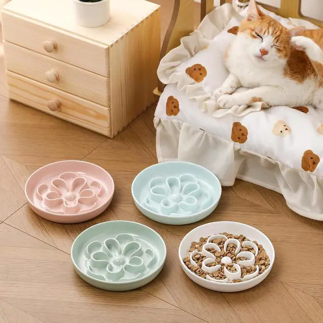 Alt view image 7 of 7 - Melamine Cat Slow Feeder Bowl - Floral Maze Cat Food Dish - Flat Plate for Dry & Wet Food - Cute Kitten Bowl - Dishwasher Safe - 6.3'' W x 1'' H - 5.5 oz (160g) - White