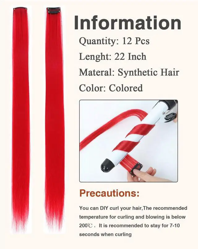 Alt view image 3 of 7 - Red Clip In Hair Extensions 22 Inch 12 PCS for Parties Festivals | Night Out, Birthdays & Dress Up Reusable Synthetic Hair for Girls, Women & Teens Gift