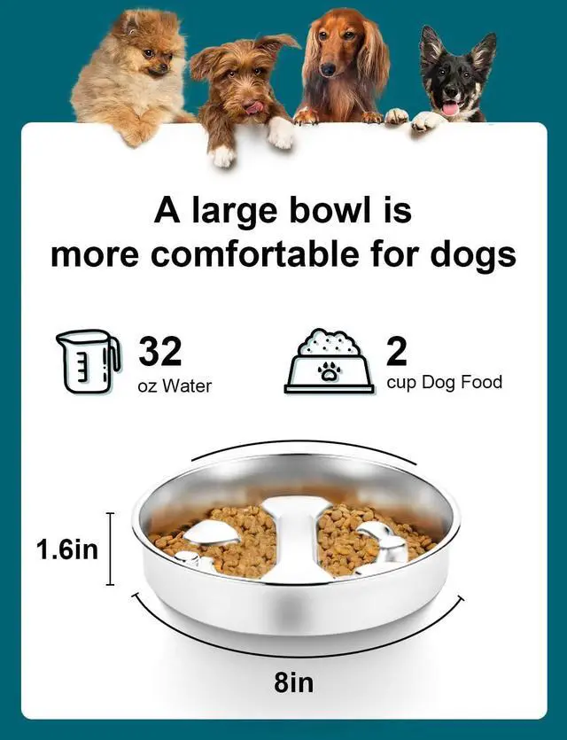 Alt view image 2 of 6 - Slow Feeder Dog Bowls8.2-inch Diameter Dog Slow Feeder Bowl304 Stainless Steel Heavy Duty with Non-Slip Rubber Base2Cups Capacity for Medium & Large Dogs to Slow Down Eating