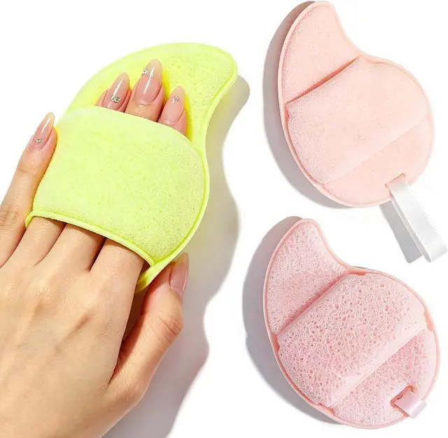 Main image of Facial Sponges for Cleansing, Exfoliating Face Sponge(Pink & Green) | 3-Pack Mango Shape Reusable Makeup Remover Pads for Daily Wash & Gentle Exfoliating