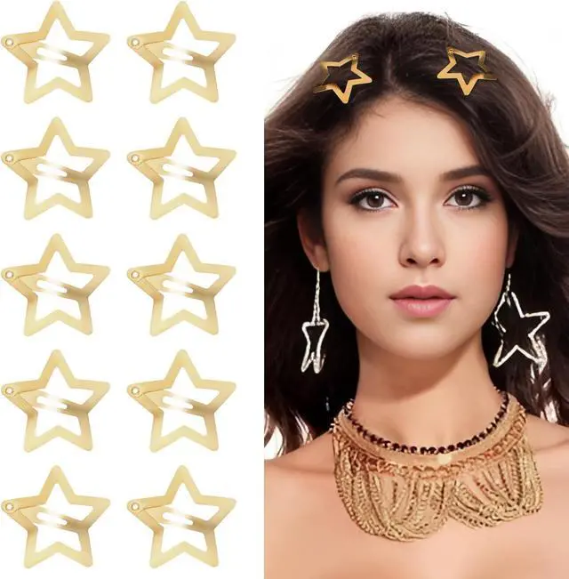 Alt view image 3 of 7 - WLLHYF 10 Pieces Metal Star Snap Hair Clips Silver Cute Small Hair Barrettes Non-slip Hollow Out Stars Hairclips for Kids Girls Women Hairpin Lovely Star Headpieces Hair Accessories (Gold)