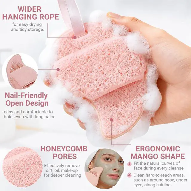 Alt view image 4 of 7 - Facial Sponges for Cleansing, Exfoliating Face Sponge(Pink & Green) | 3-Pack Mango Shape Reusable Makeup Remover Pads for Daily Wash & Gentle Exfoliating