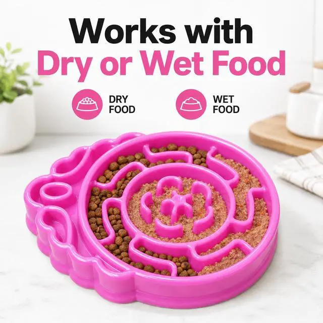 Alt view image 2 of 7 - 4 Cup Slow Feeder Dog Bowl for Fast Eaters Pink | Puzzle maze channels, rigid PP construction, and 4 silicone pads support dry or wet food on smooth floors.
