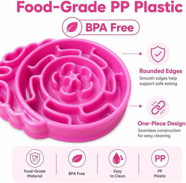 Alt view image 4 of 7 - 4 Cup Slow Feeder Dog Bowl for Fast Eaters Pink | Puzzle maze channels, rigid PP construction, and 4 silicone pads support dry or wet food on smooth floors.