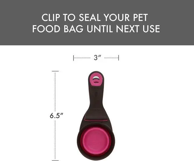 Alt view image 2 of 7 - Dexas Popware for Pets Collapsible Klip Scoop, 3-in-1 Pet Food Scoop, Measuring Cup and Bag Clip, 1/2 Cup Capacity, Pink