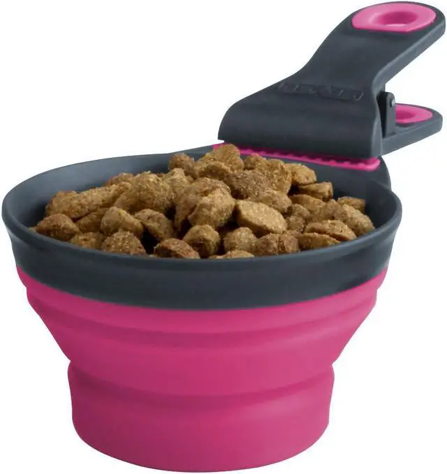 Alt view image 3 of 7 - Dexas Popware for Pets Collapsible Klip Scoop, 3-in-1 Pet Food Scoop, Measuring Cup and Bag Clip, 1/2 Cup Capacity, Pink