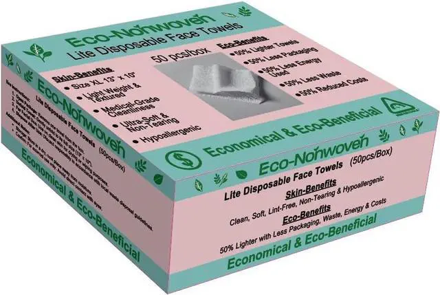 Main image of EcoNonwoven Lite Disposable Face Towels, XL 13 x 10, 50 Ct LintFree Face Cleansing & Makeup Removal Towels 50% Lighter, Thin Yet Strong, Use Once or Up to 3×