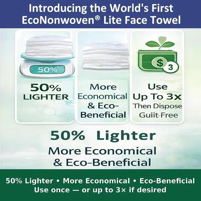 Alt view image 2 of 7 - EcoNonwoven Lite Disposable Face Towels, XL 13 x 10, 50 Ct LintFree Face Cleansing & Makeup Removal Towels 50% Lighter, Thin Yet Strong, Use Once or Up to 3×