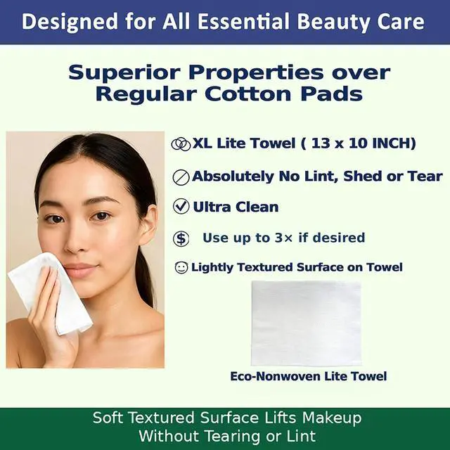 Alt view image 7 of 7 - EcoNonwoven Lite Disposable Face Towels, XL 13 x 10, 50 Ct LintFree Face Cleansing & Makeup Removal Towels 50% Lighter, Thin Yet Strong, Use Once or Up to 3×
