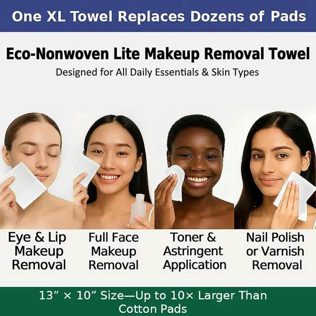 Alt view image 6 of 7 - EcoNonwoven Lite Disposable Face Towels, XL 13 x 10, 50 Ct LintFree Face Cleansing & Makeup Removal Towels 50% Lighter, Thin Yet Strong, Use Once or Up to 3×