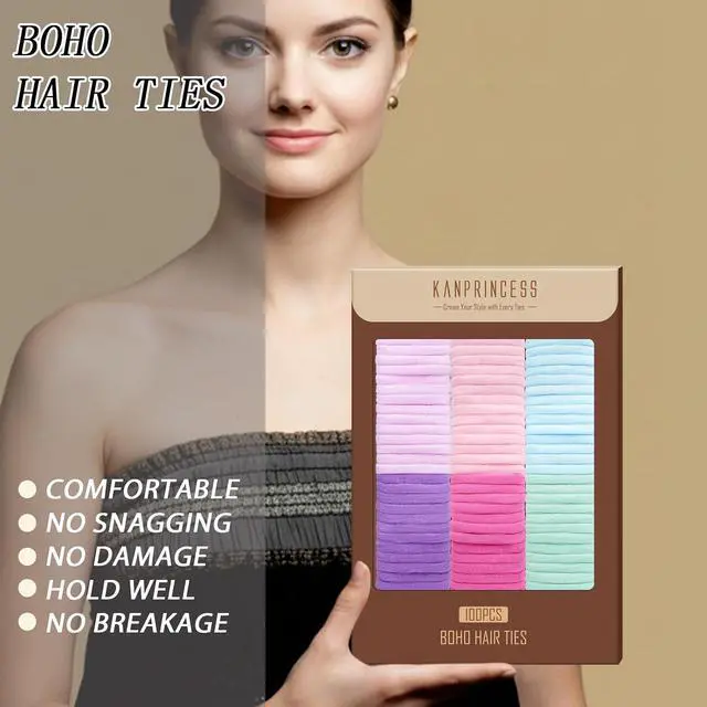 Alt view image 5 of 7 - Kanprincess Nylon Hair Ties, 100PCS No-Damage Soft Bands for Women | Strong elastic ponytail holders for girls.Thick Hair. Cotton-like texture, gentle on hair. Snag-free, durable daily use.