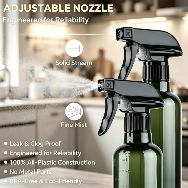 Alt view image 2 of 6 - Plastic Spray Bottles (2 Pack 10 oz), Leakproof Adjustable Fine Mist & Jet Stream Nozzle, Premium BPA-Free Plastic Multi-Purpose for Hair, Plants, Cleaning (2 PACK CLEAR)