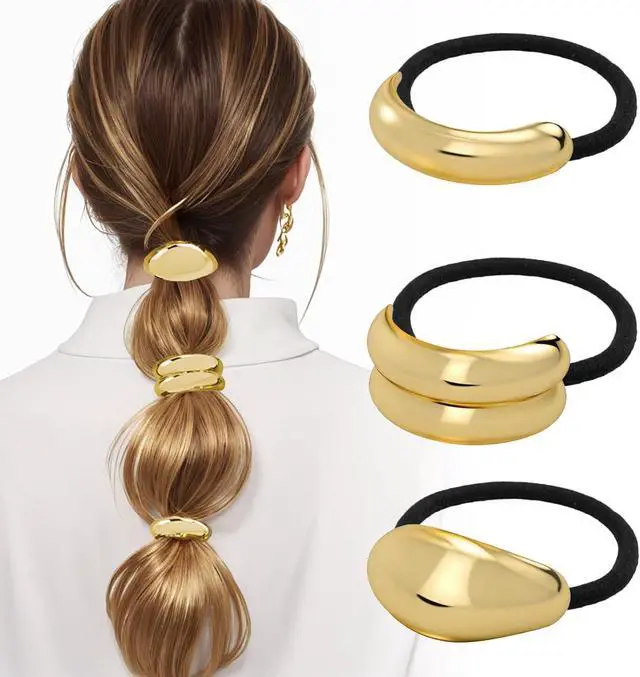 Main image of 3PCS Metal Hair Tie For Women,Gold Cuffs,Metal Geometric Gold Hair Ties, Hair Accessories Stretchy and Non-Damage Ponytail Holders,Ponytail Cuff Hair Bands For Hair Styling (SET4)