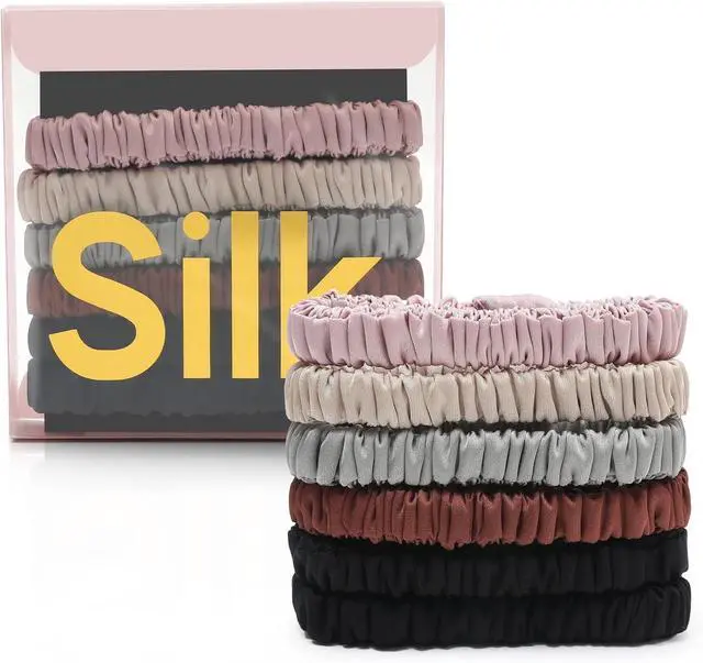 Main image of 6Pcs Silk Hair Ties 100% Pure Mulberry Silk Scrunchies for Women Girls | No Hair Crease, Anti Frizz, Gentle Hold, No Damage, Color 04